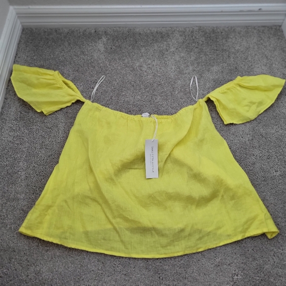 SAKS FIFTH AVENUE Cold Shoulder Linen Top Yellow Limoncello Size L - Picture 1 of 9
